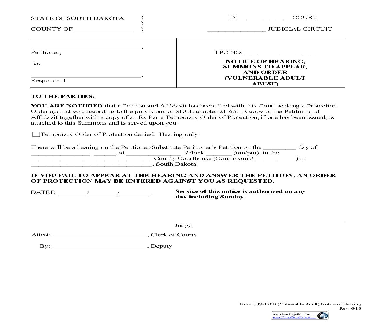 Notice Of Hearing - Summons To Appear And Order {UJS-120B} | Pdf Fpdf Doc Docx | South Dakota