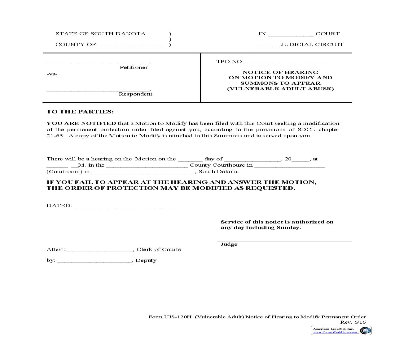 Notice Of Hearing On Motion To Modify And Summons To Appear {UJS-120H} | Pdf Fpdf Doc Docx | South Dakota