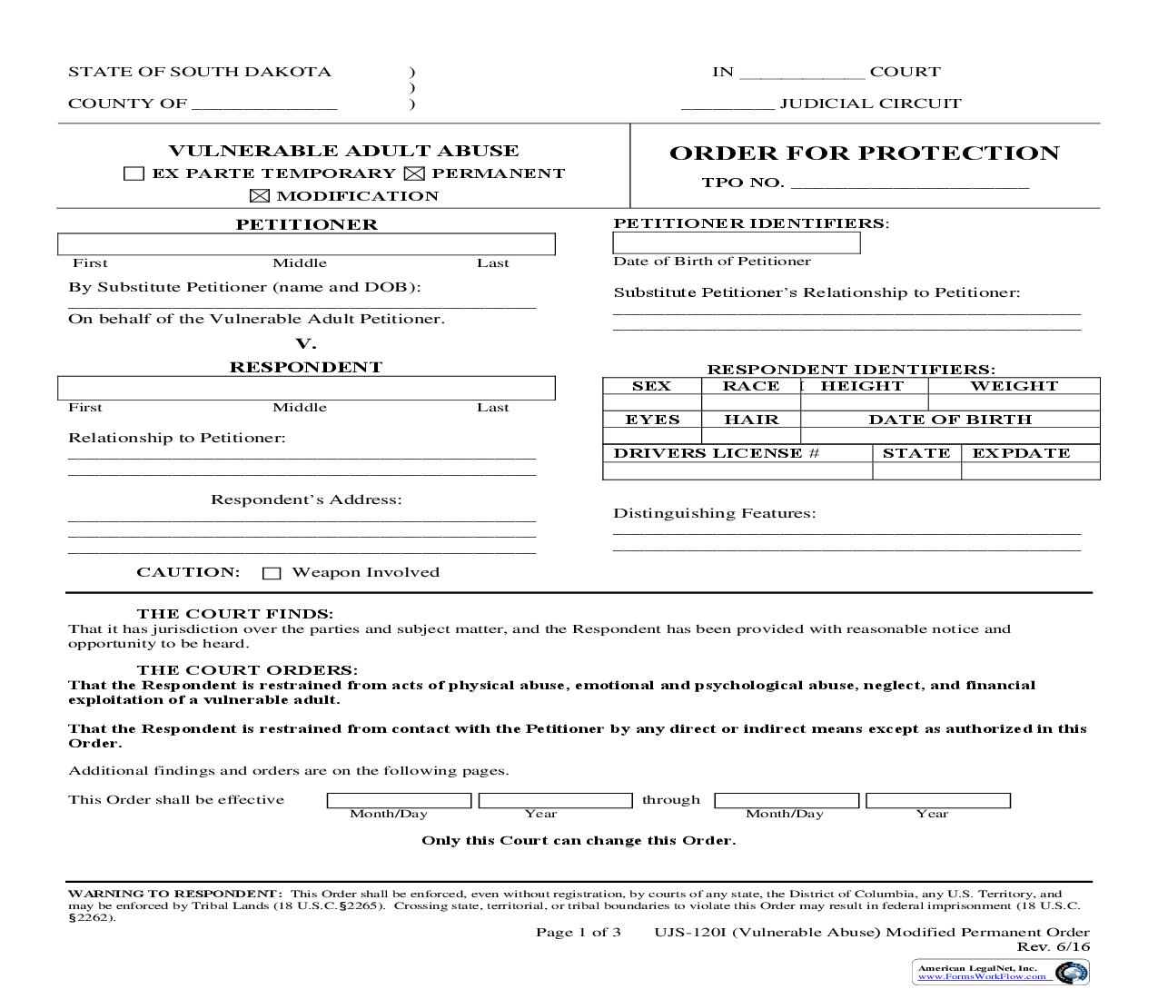 Notice Of Hearing To Modify Permanent Order {UJS-120I} | Pdf Fpdf Doc Docx | South Dakota