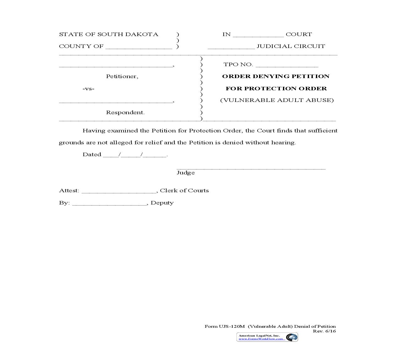 Order Denying Petition For Protection Order {UJS-120M} | Pdf Fpdf Doc Docx | South Dakota