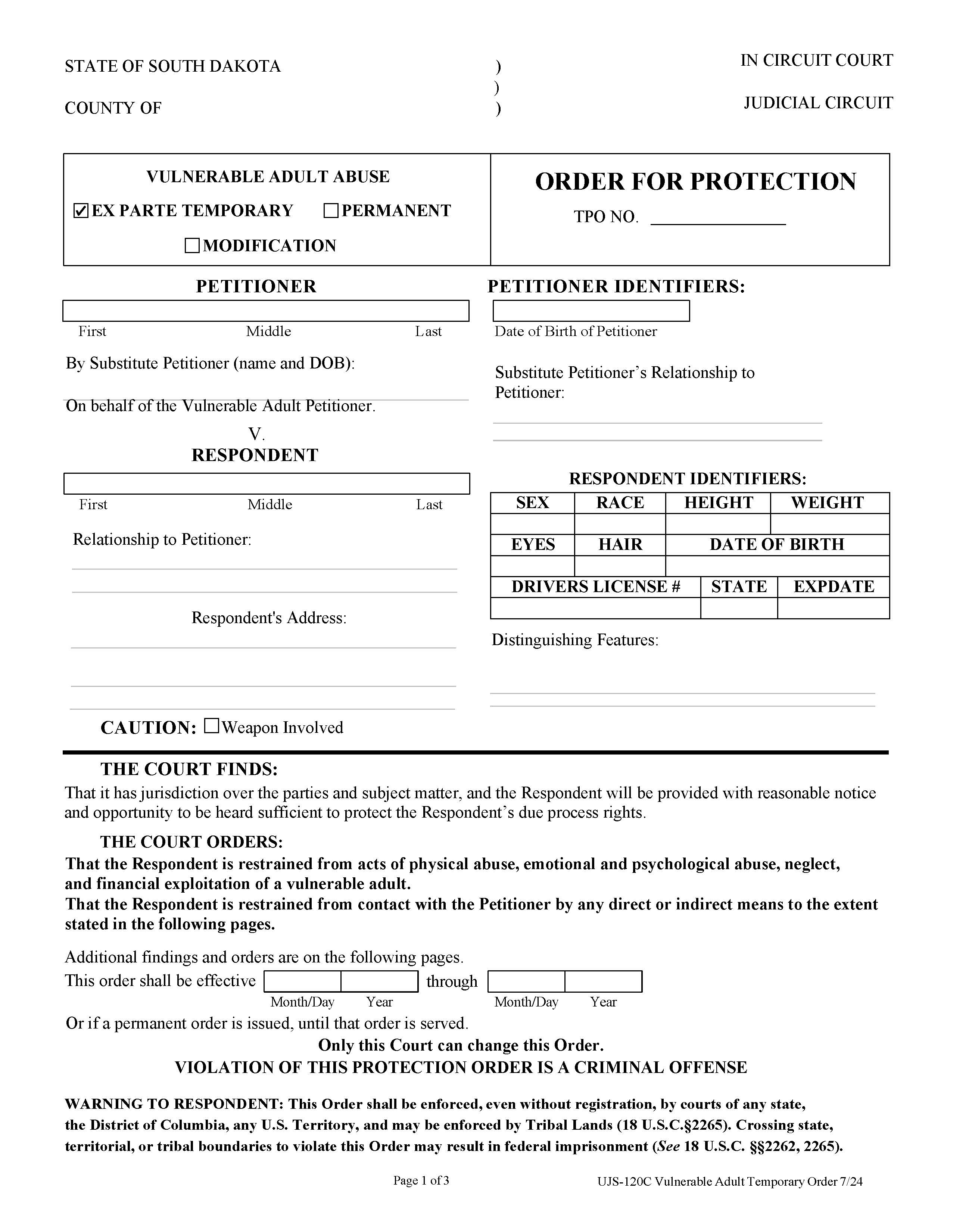 Order For Protection Temporary Order {UJS-120C} | Pdf Fpdf Doc Docx | South Dakota