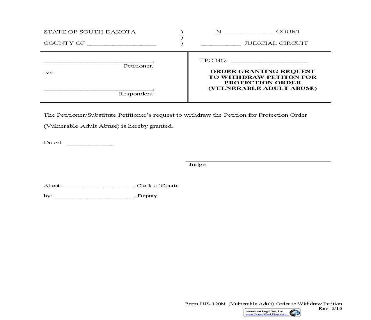 Order Granting Request To Withdraw Petition For Protection Order {UJS-120N} | Pdf Fpdf Doc Docx | South Dakota
