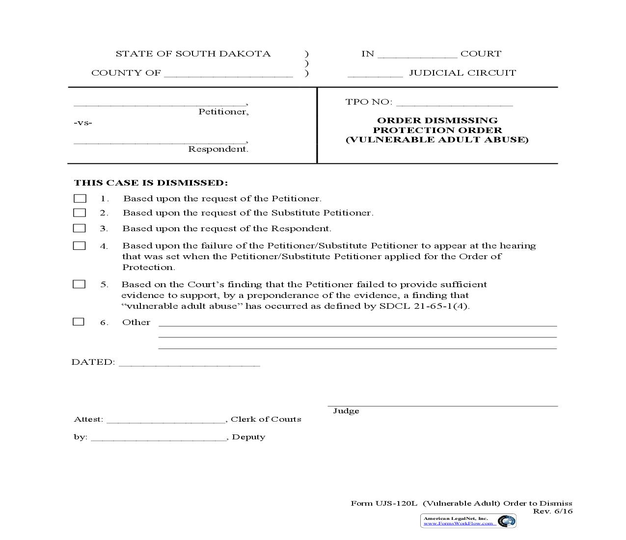 Order To Dismiss Protection Order {UJS-120L} | Pdf Fpdf Doc Docx | South Dakota