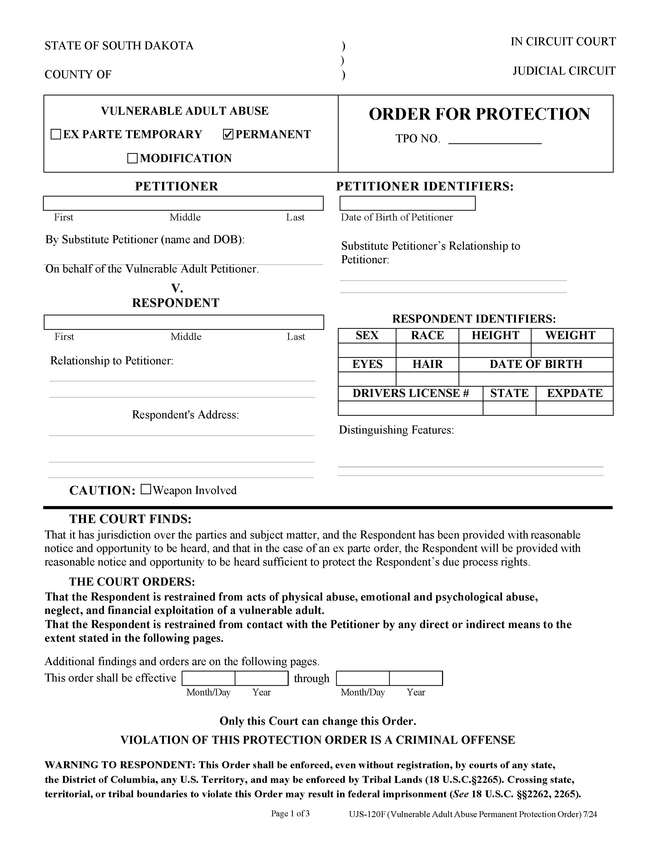 Permanent Order Of Protection {UJS-120F} | Pdf Fpdf Doc Docx | South Dakota