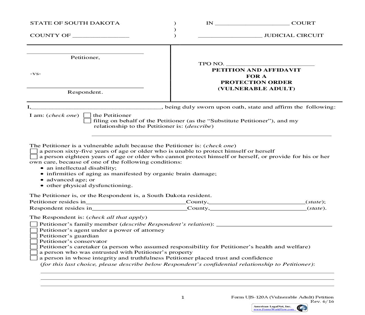 Petition And Affidavit For A Protection Order {UJS-120A} | Pdf Fpdf Doc Docx | South Dakota