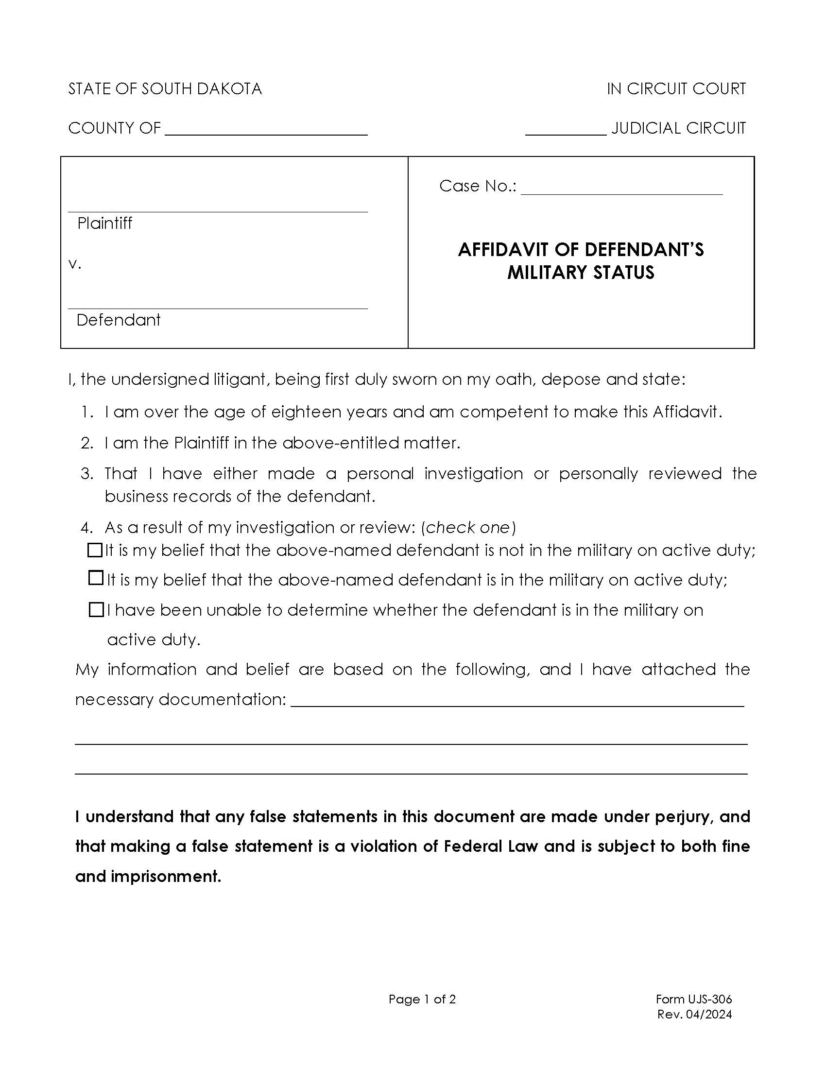 Affidavit Of Non Military Status {UJS-306} | Pdf Fpdf Doc Docx | South Dakota
