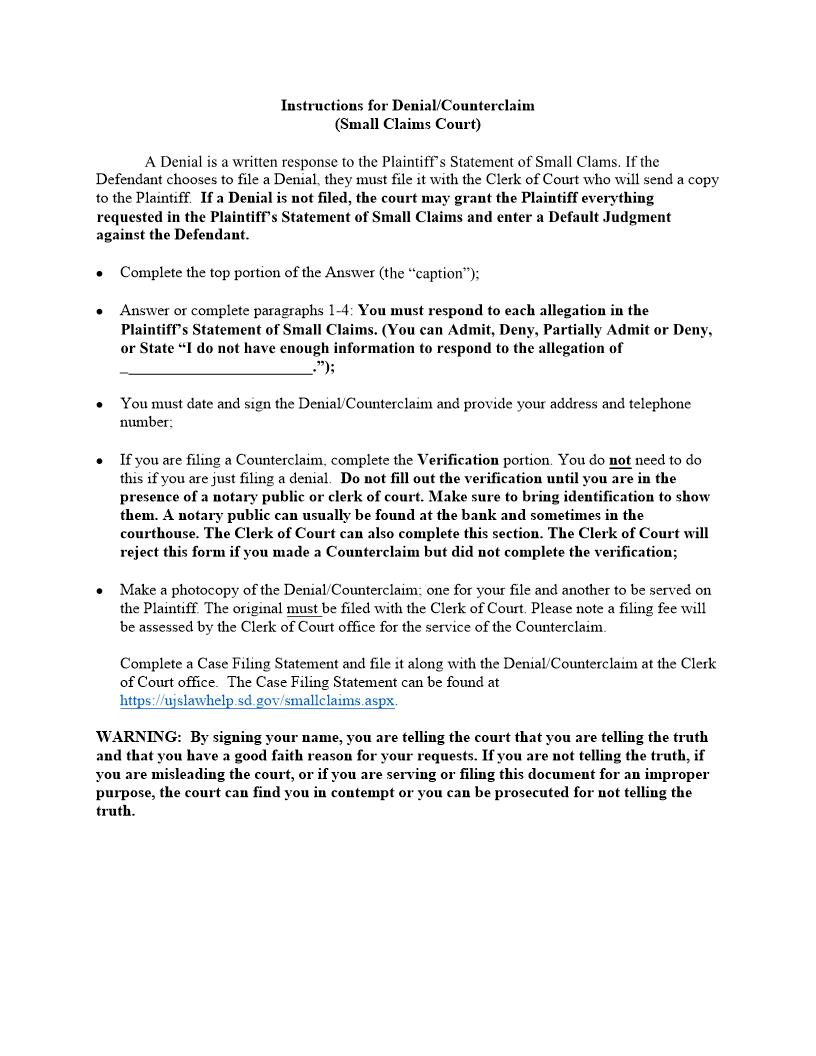 Denial Counterclaim {UJS-278} | Pdf Fpdf Docx | South Dakota