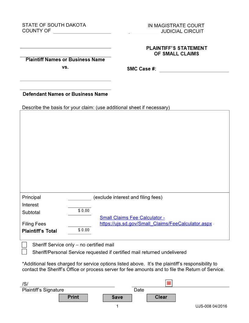 Plaintiffs Statement Of Small Claims {UJS-008} | Pdf Fpdf Doc Docx | South Dakota