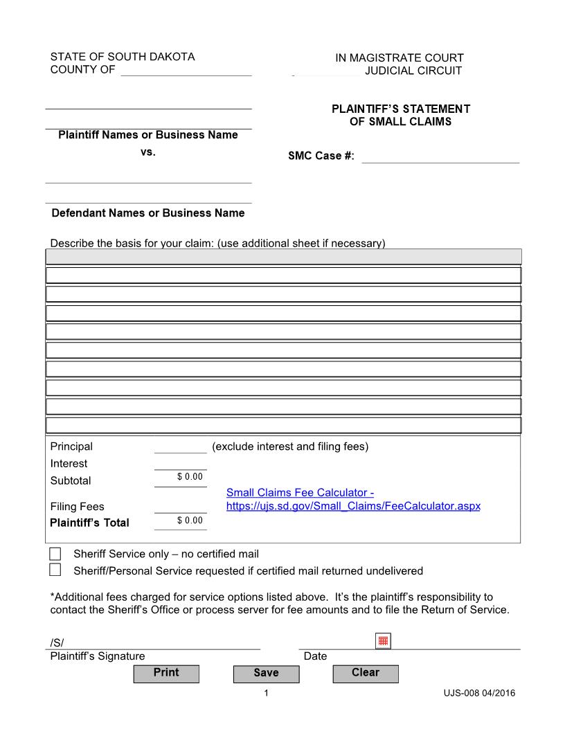 Plaintiffs Statement Of Small Claims (With Lines) {UJS-008} | Pdf Fpdf Doc Docx | South Dakota