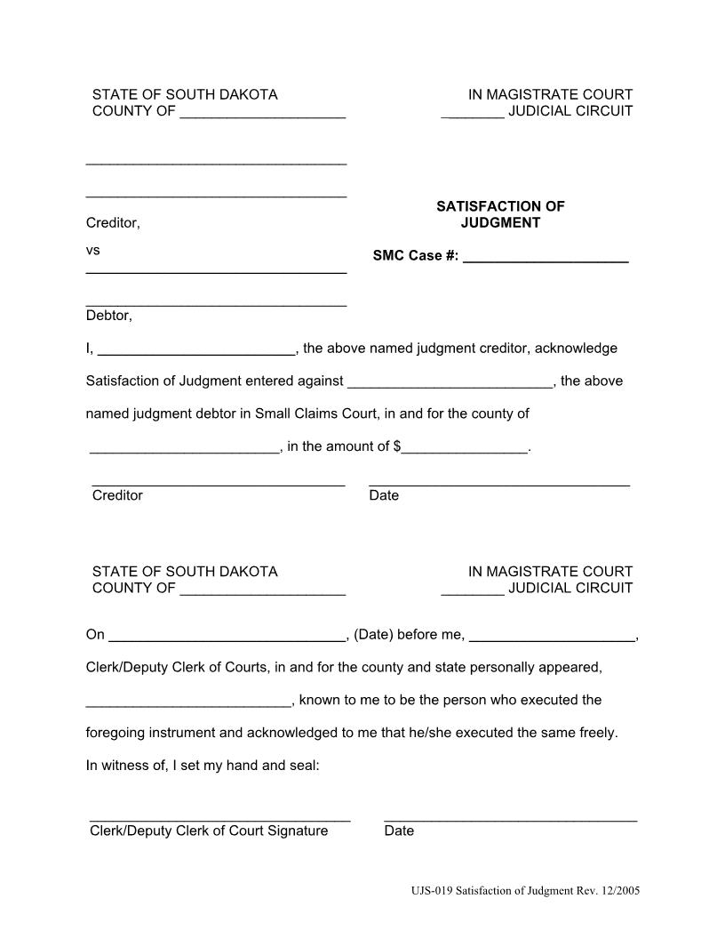 Satisfaction Of Judgment | Pdf Fpdf Docx | South Dakota