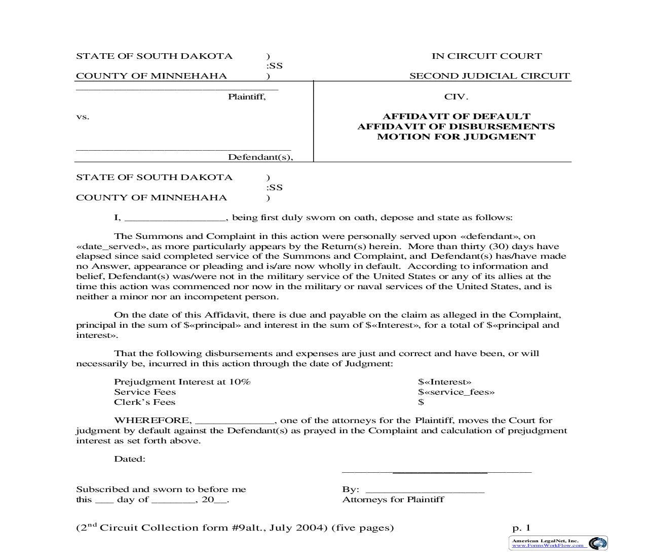 Affidavit Of Default-Disbursements Motion For Judgment | Pdf Fpdf Doc Docx | South Dakota