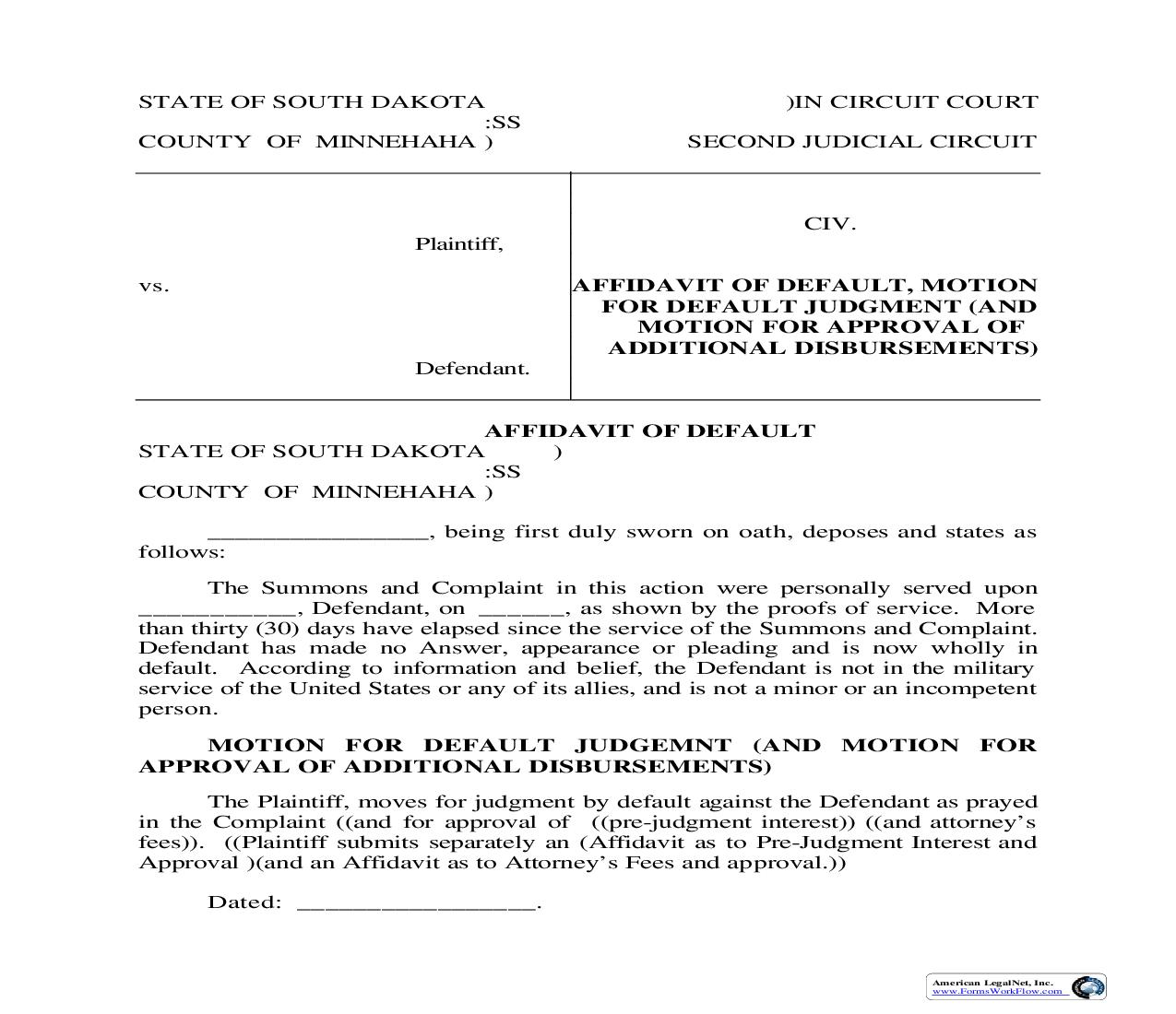 Affidavit Of Default | Pdf Fpdf Doc Docx | South Dakota