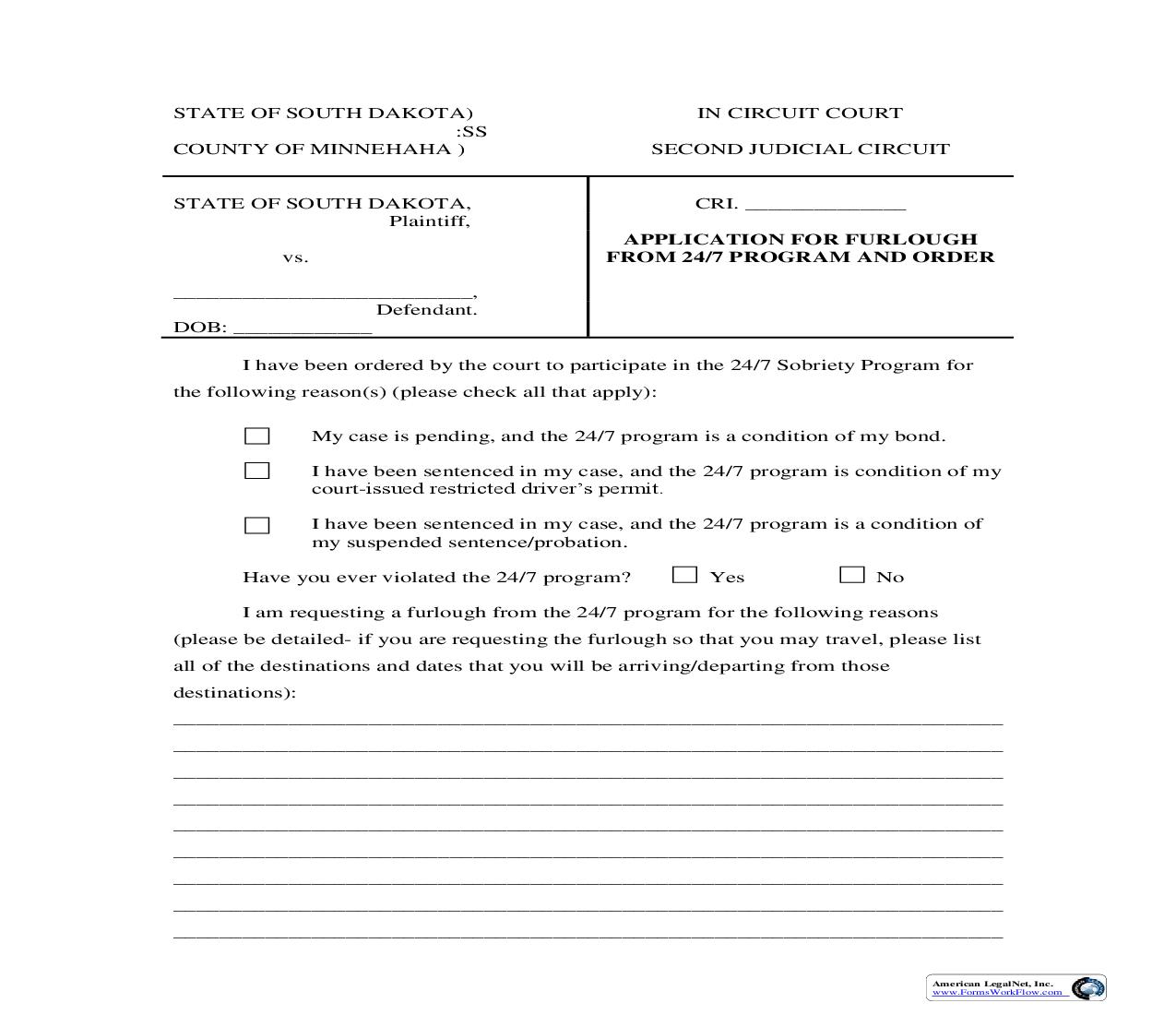 Application For Furlough From 24-7 Program And Order | Pdf Fpdf Doc Docx | South Dakota