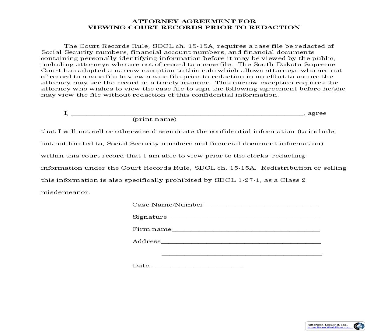 Attorney Agreement Form | Pdf Fpdf Doc Docx | South Dakota