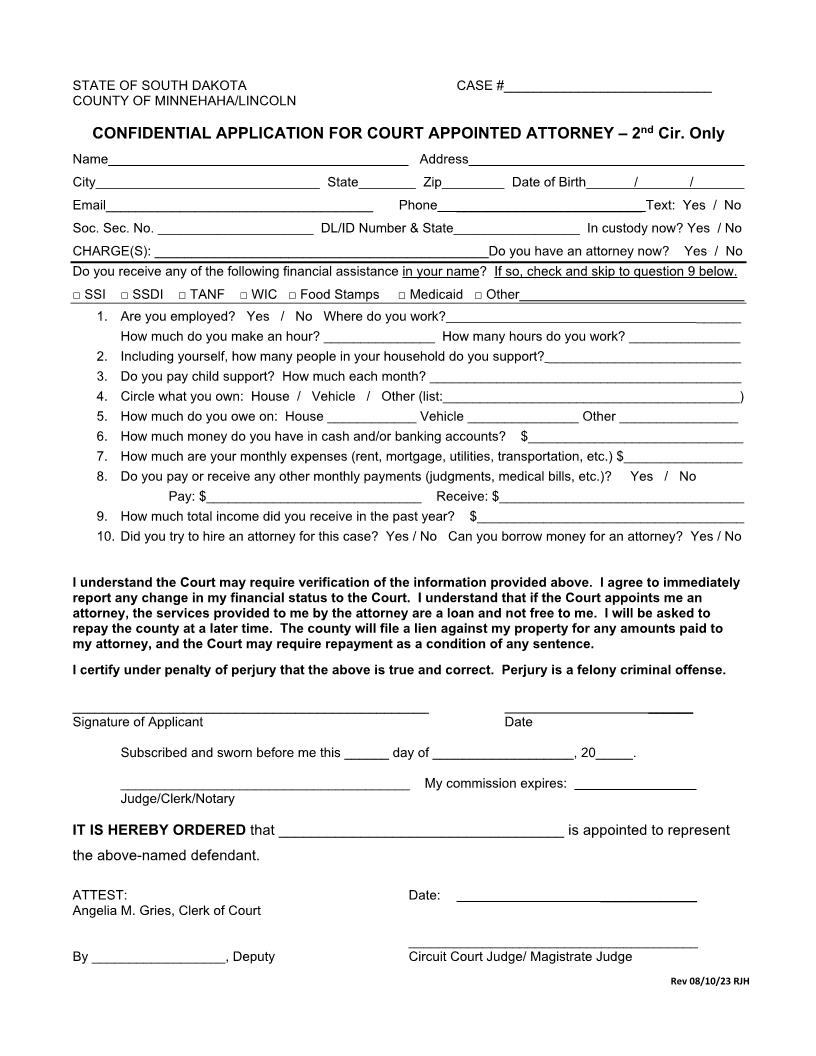 Confidential Application For Court Appointed Attorney | Pdf Fpdf Docx | South Dakota