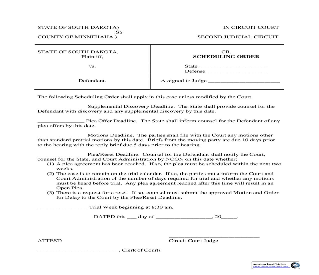 Criminal Trial Scheduling Order | Pdf Fpdf Doc Docx | South Dakota