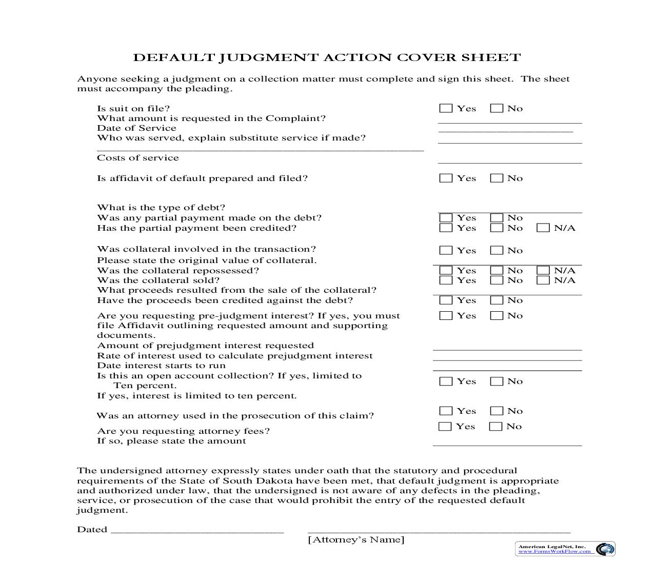 Default Judgment Action Cover Sheet | Pdf Fpdf Doc Docx | South Dakota