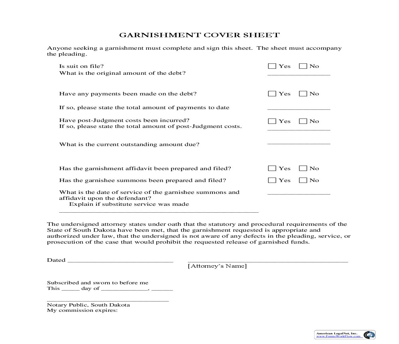 Garnishment Cover Sheet | Pdf Fpdf Doc Docx | South Dakota