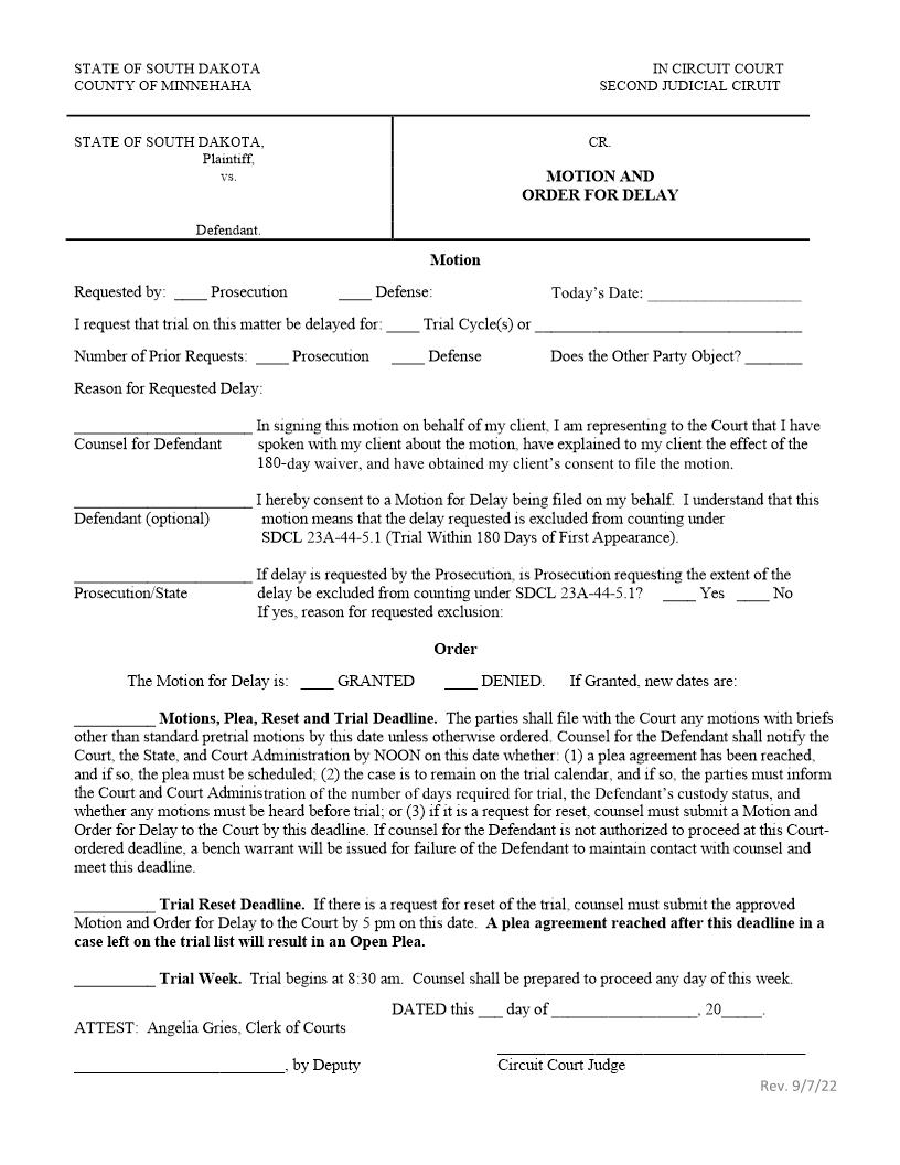Motion And Order For Delay | Pdf Fpdf Docx | South Dakota