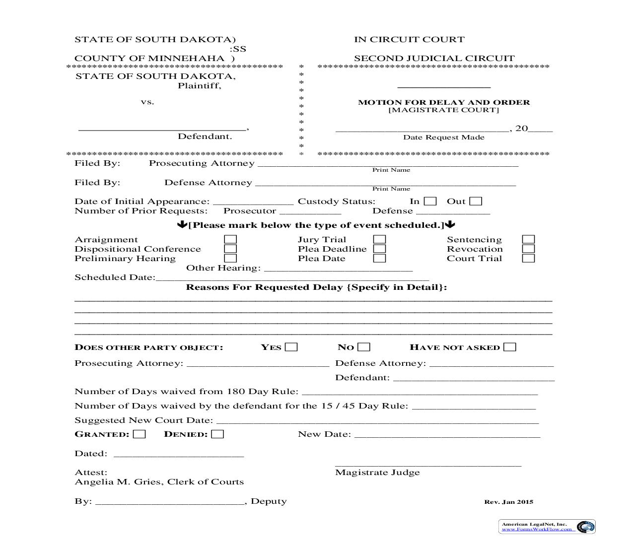 Motion For Delay And Order (Magistrate Court) | Pdf Fpdf Doc Docx | South Dakota