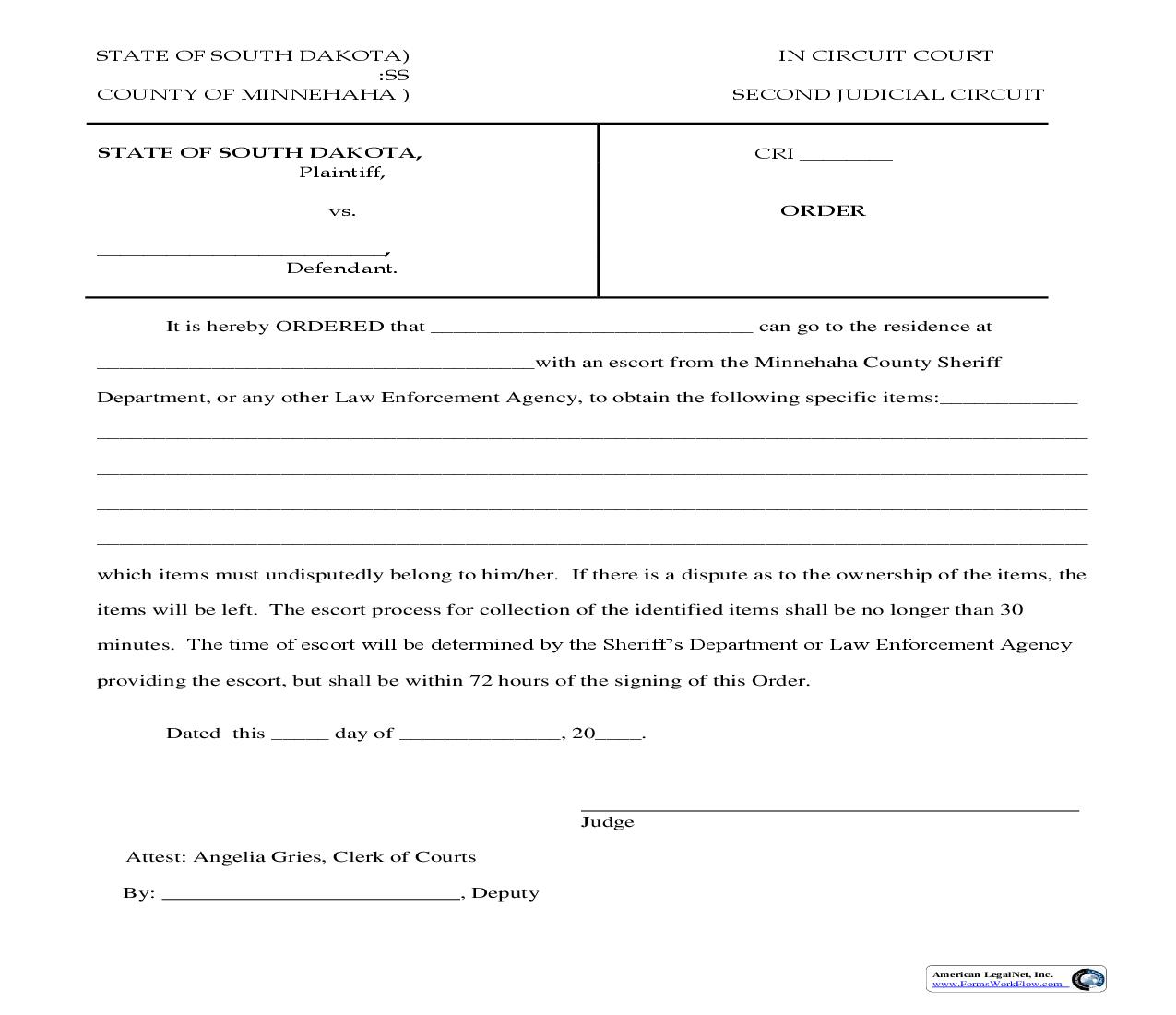 Order For Personal Belongings (Criminal) | Pdf Fpdf Doc Docx | South Dakota