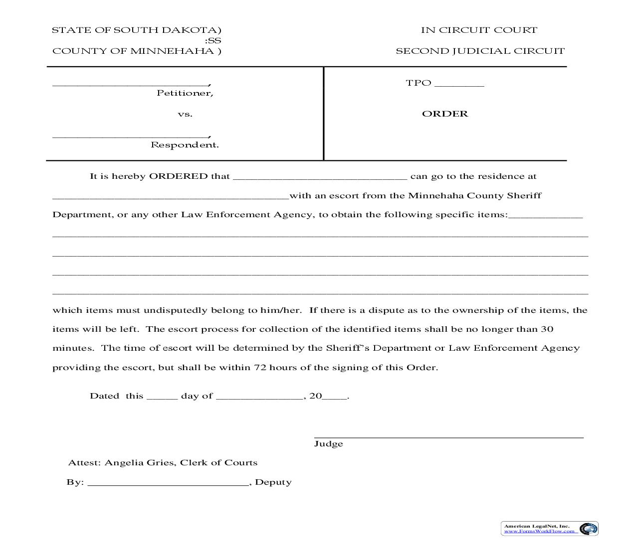 Order For Personal Belongings (TPO) | Pdf Fpdf Doc Docx | South Dakota