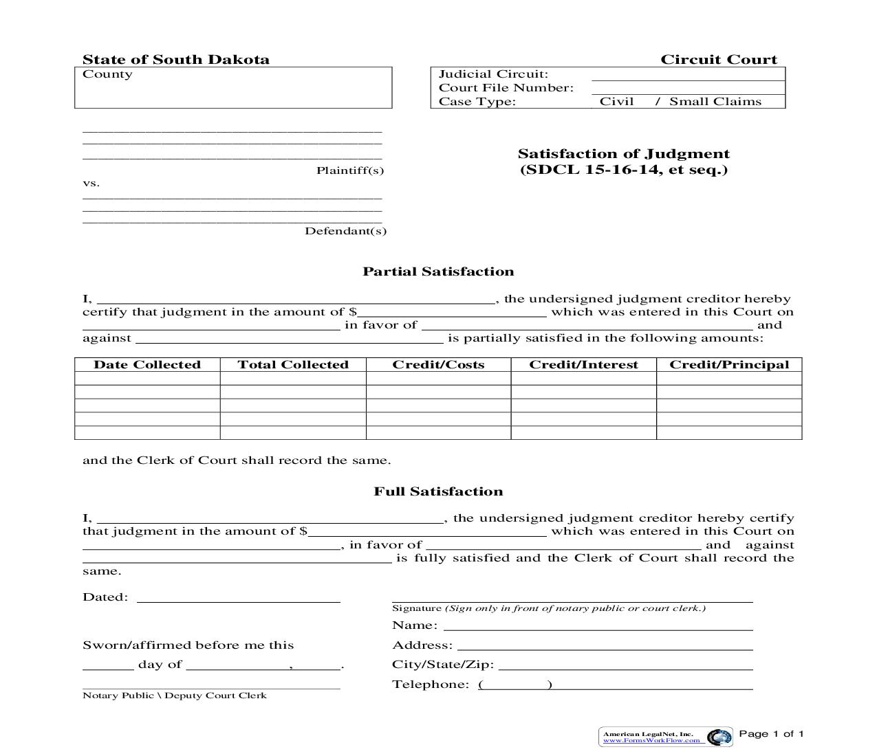 Satisfaction Of Judgment | Pdf Fpdf Doc Docx | South Dakota