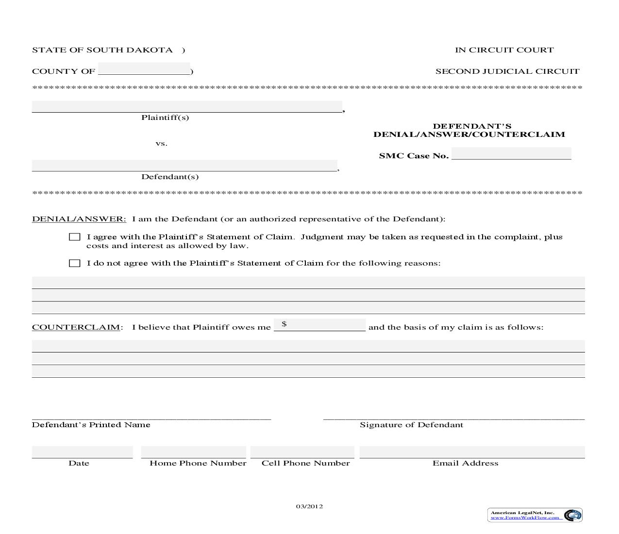 Defendants Denial-Answer-Counterclaim | Pdf Fpdf Doc Docx | South Dakota