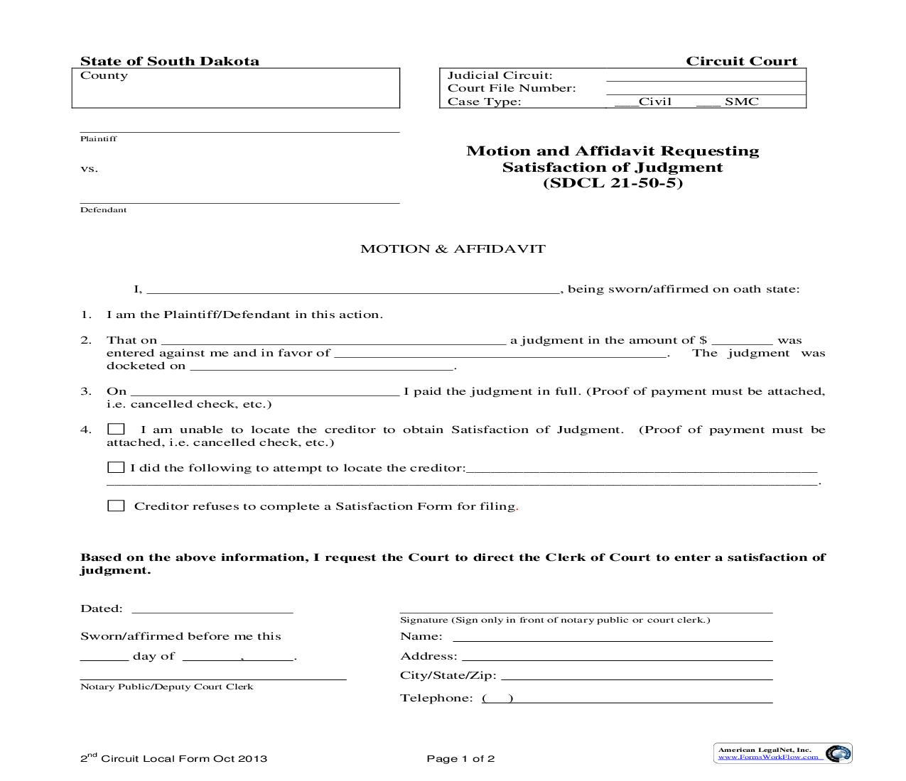 Motion And Affidavit Requesting Satisfaction Of Judgment (Small Claims) | Pdf Fpdf Doc Docx | South Dakota