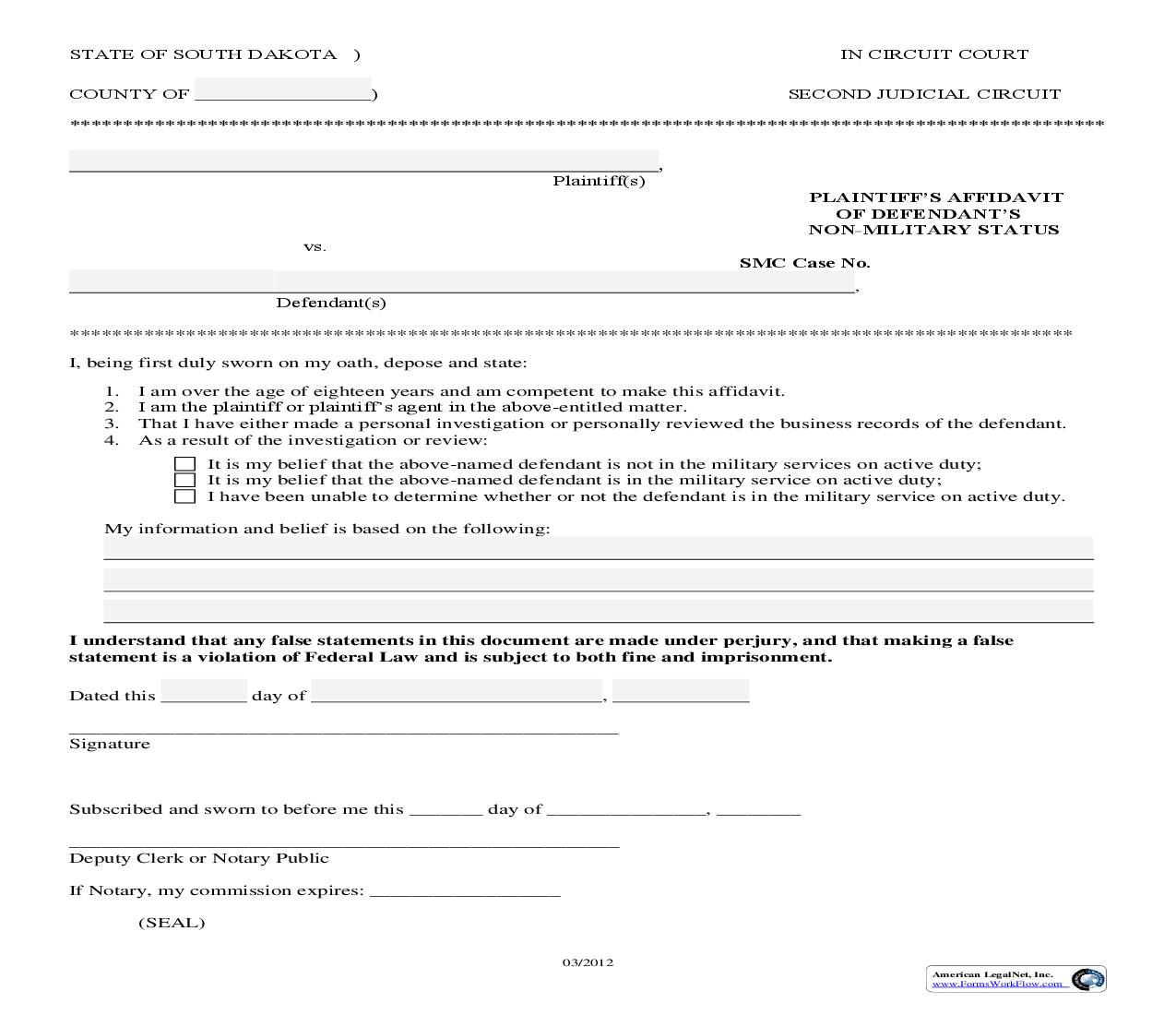 Plaintiffs Affidavit Of Defendants Non-Military Status | Pdf Fpdf Doc Docx | South Dakota