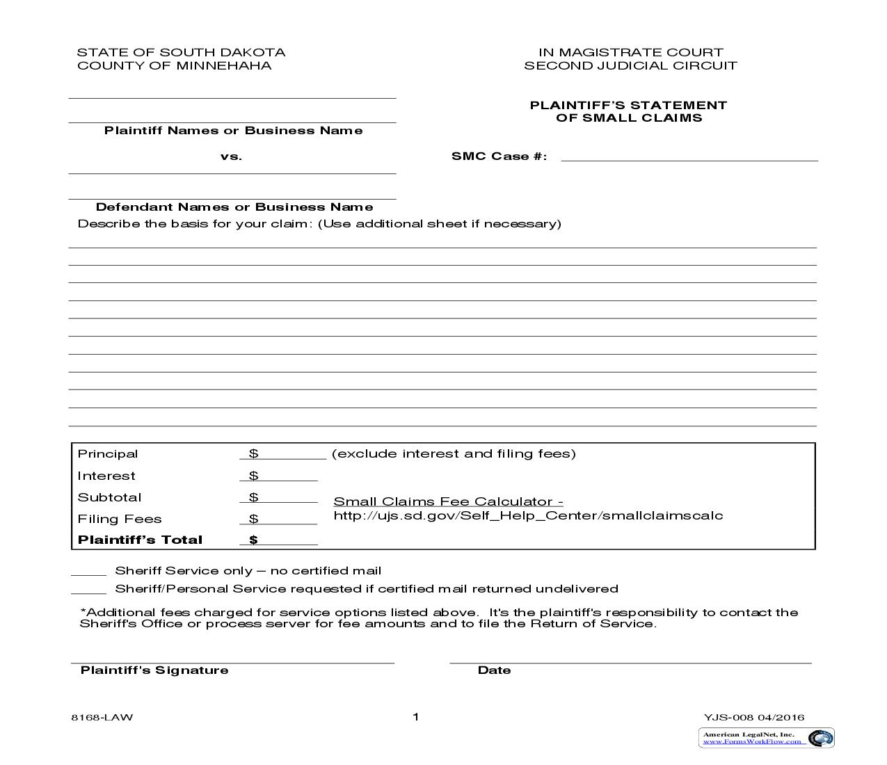 Plaintiffs Statement Of Small Claims {YJS-008} | Pdf Fpdf Doc Docx | South Dakota