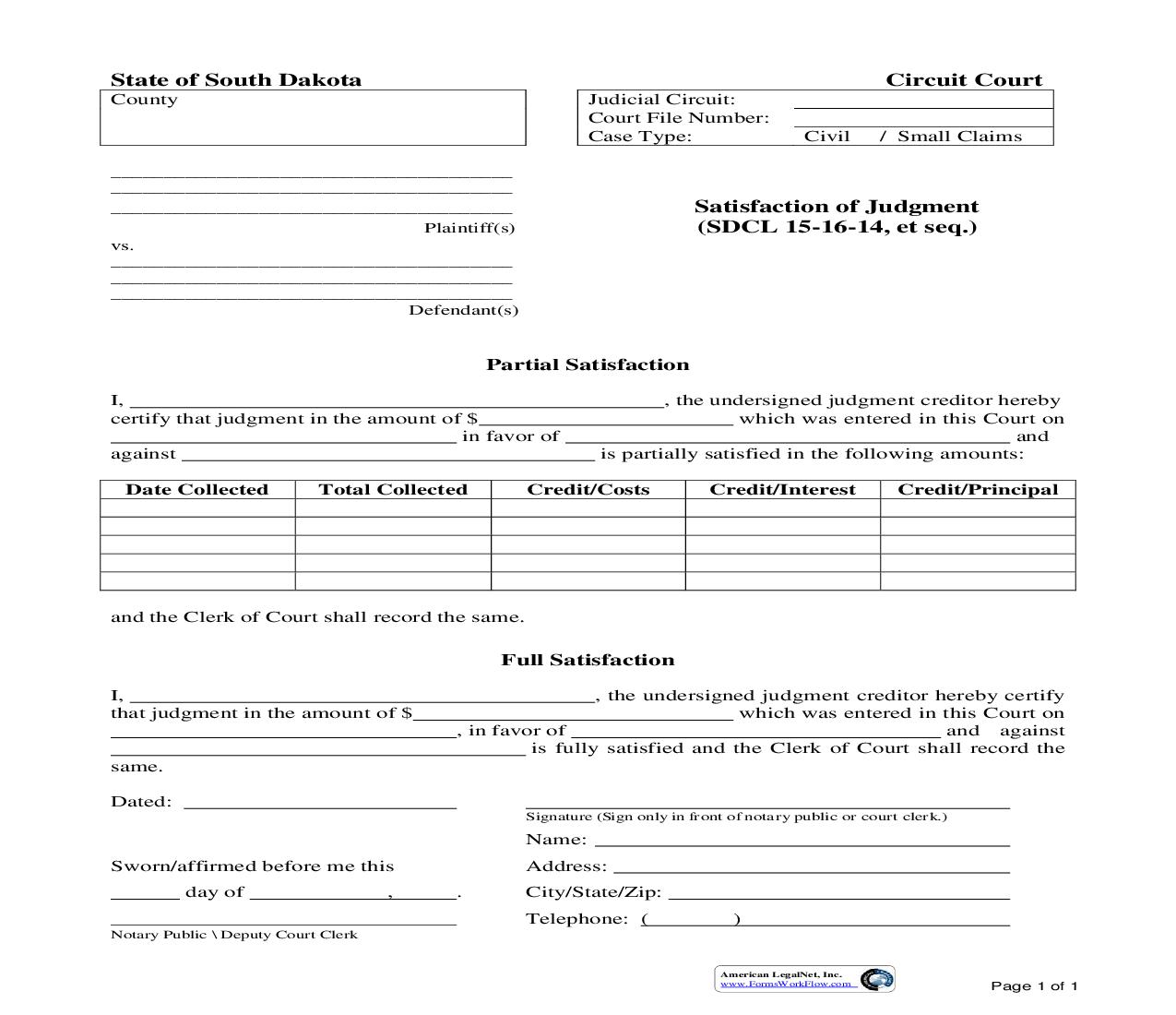 Satisfaction Of Judgment (Small Claims) | Pdf Fpdf Doc Docx | South Dakota