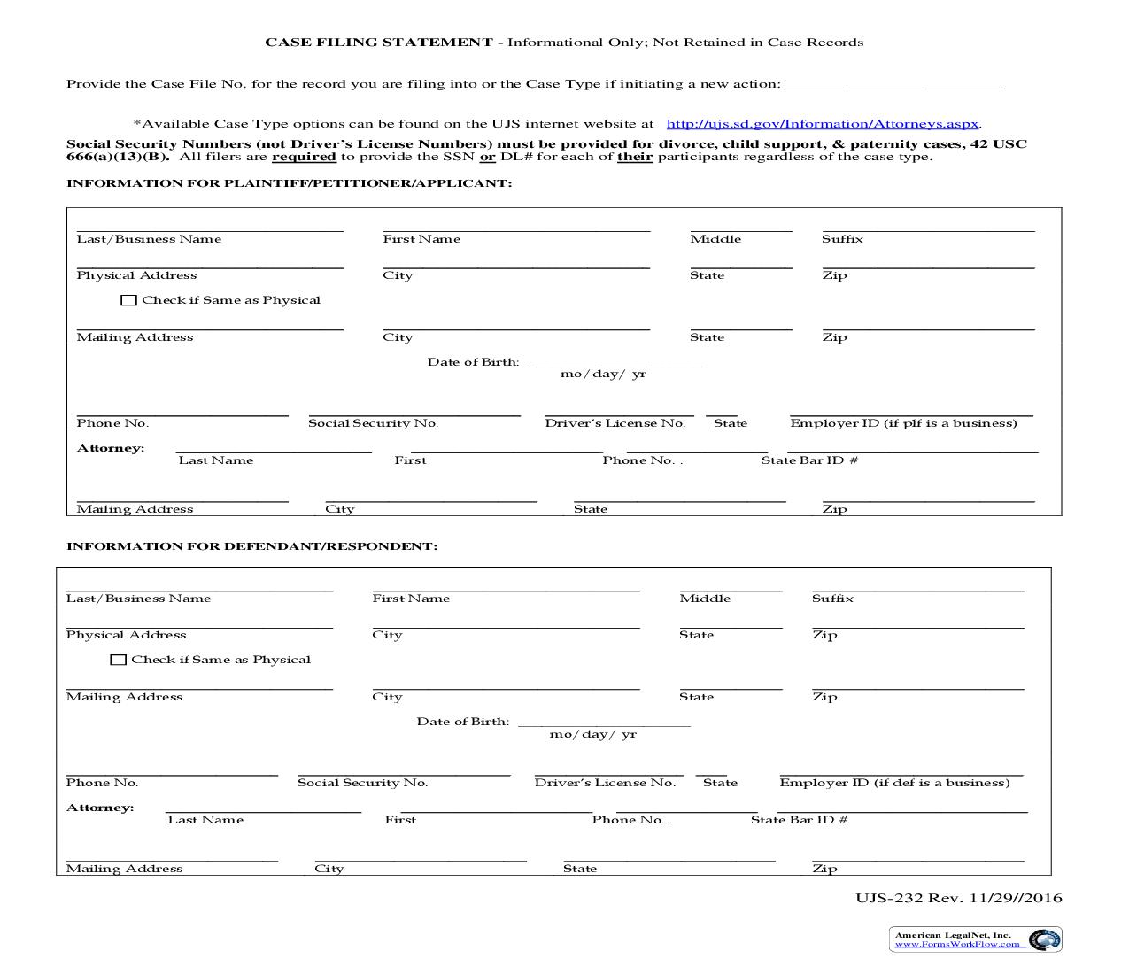 Written Civil Case Filing Statement | Pdf Fpdf Doc Docx | South Dakota