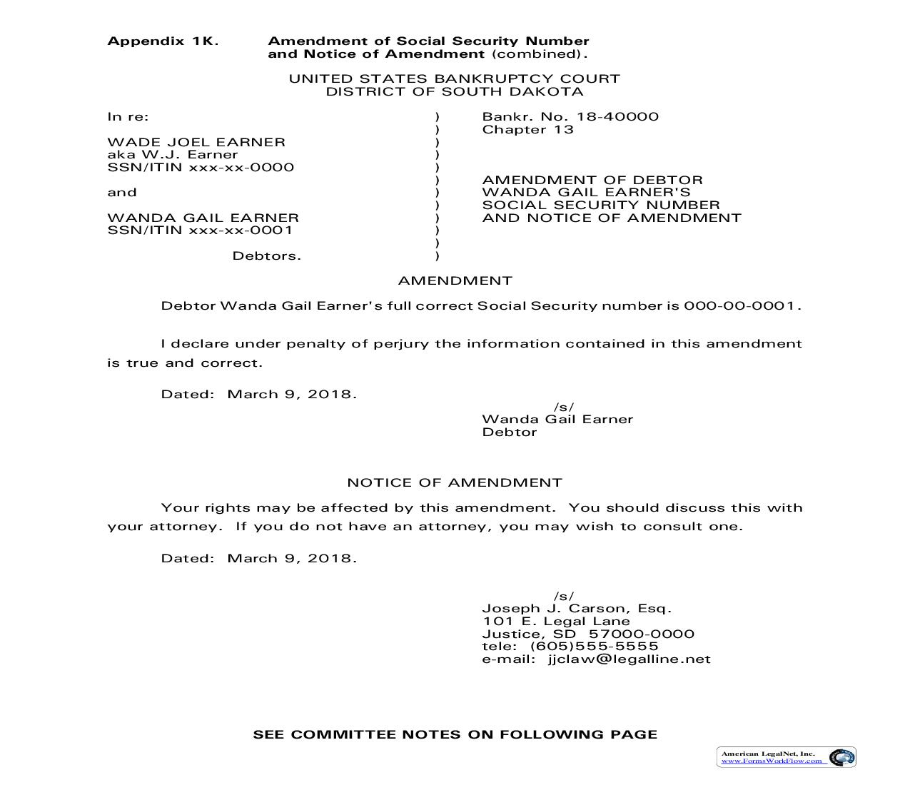 Amendment Of Social Security Number And Notice Of Amendment (Combined) {Appendix 1K} | Pdf Fpdf Doc Docx | South Dakota