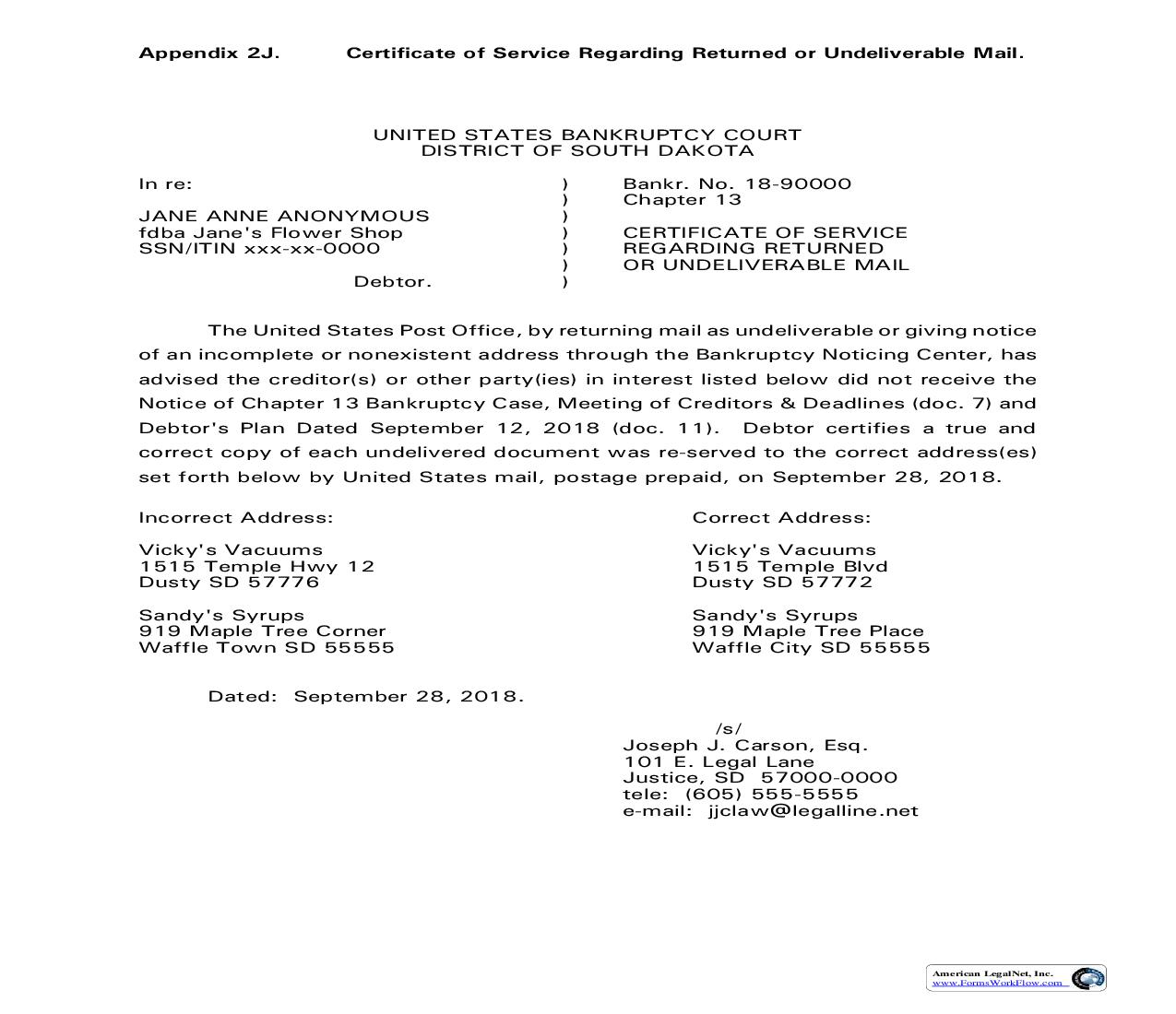 Certificate Of Service Regarding Returned Or Undeliverable Mail | Pdf Fpdf Doc Docx | South Dakota