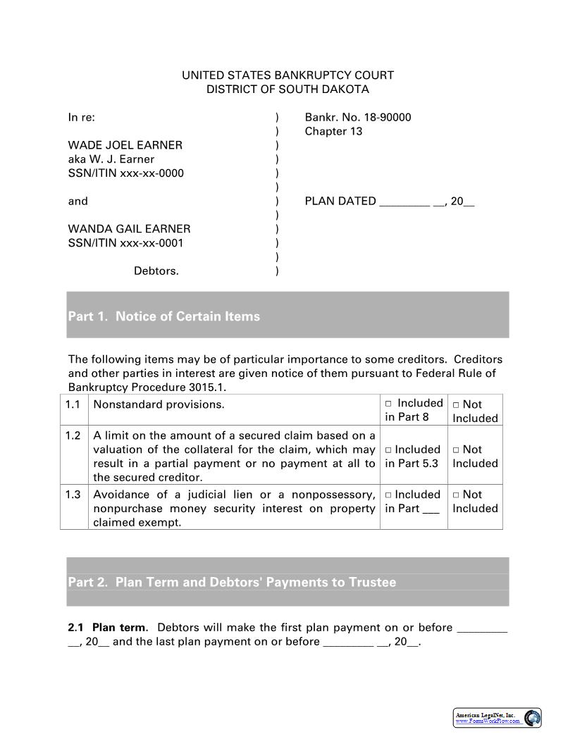 Chapter 12 And 13 Joint Debtors Plan | Pdf Fpdf Docx | South Dakota