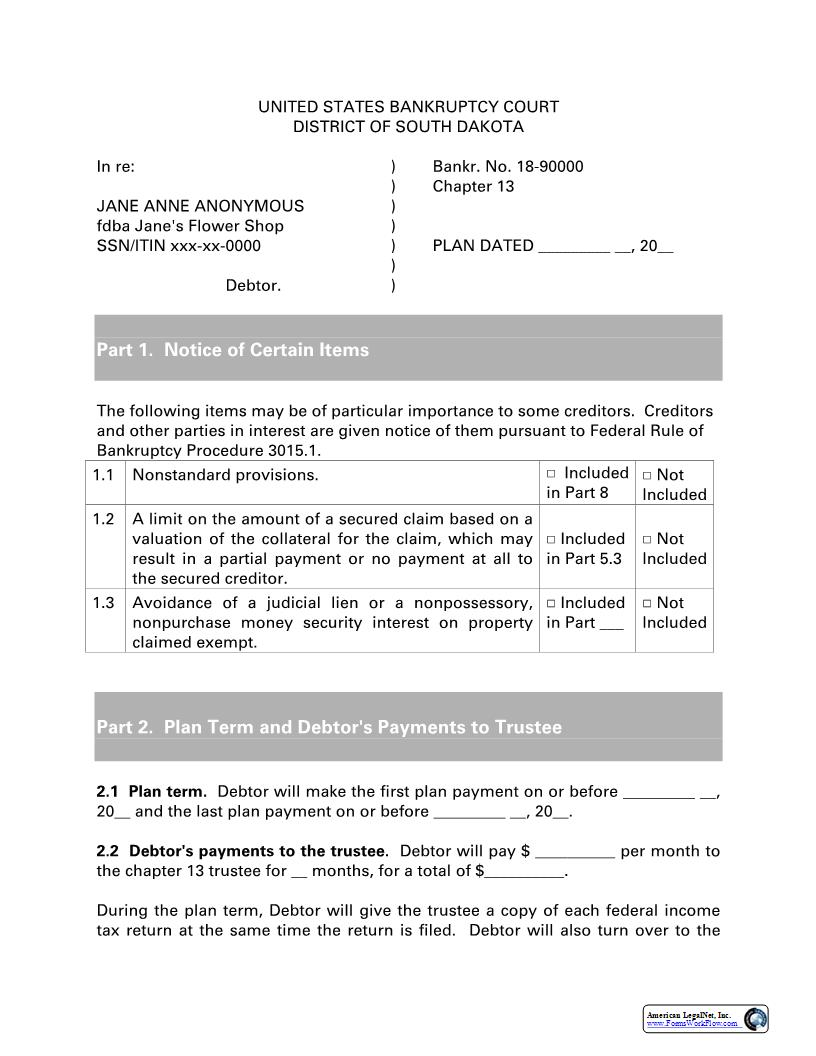 Chapter 12 And 13 Single Debtor Plan | Pdf Fpdf Docx | South Dakota