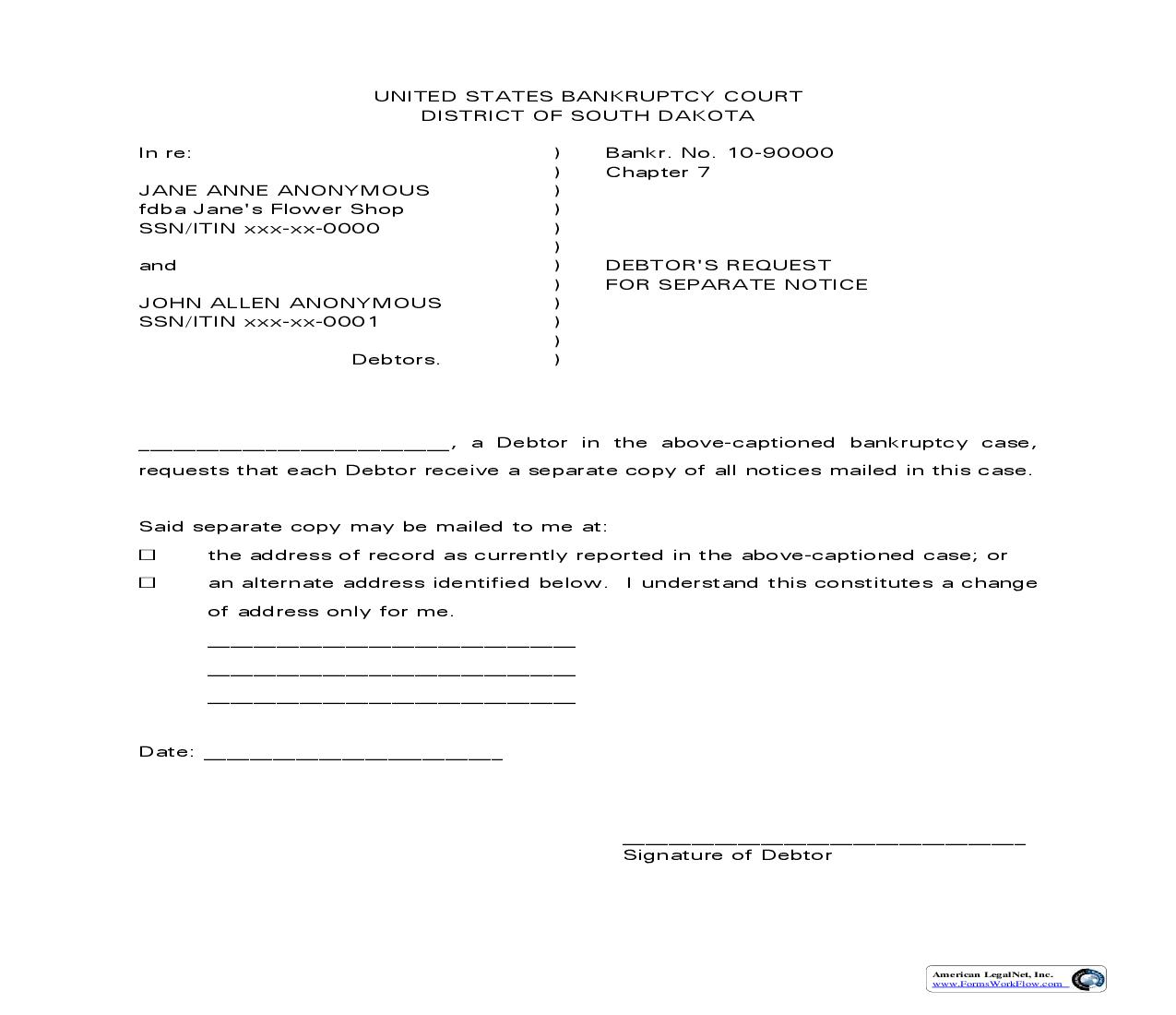 Debtors Request For Separate Notice | Pdf Fpdf Doc Docx | South Dakota