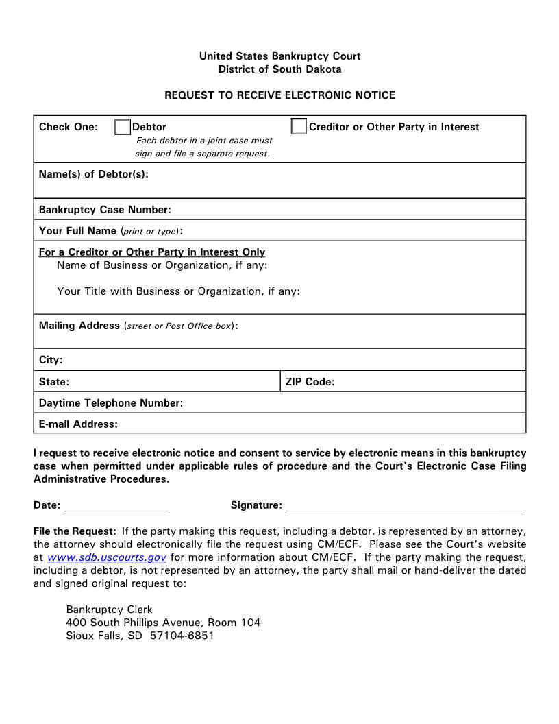 Debtors Request To Receive Electronic Notice | Pdf Fpdf Doc Docx | South Dakota
