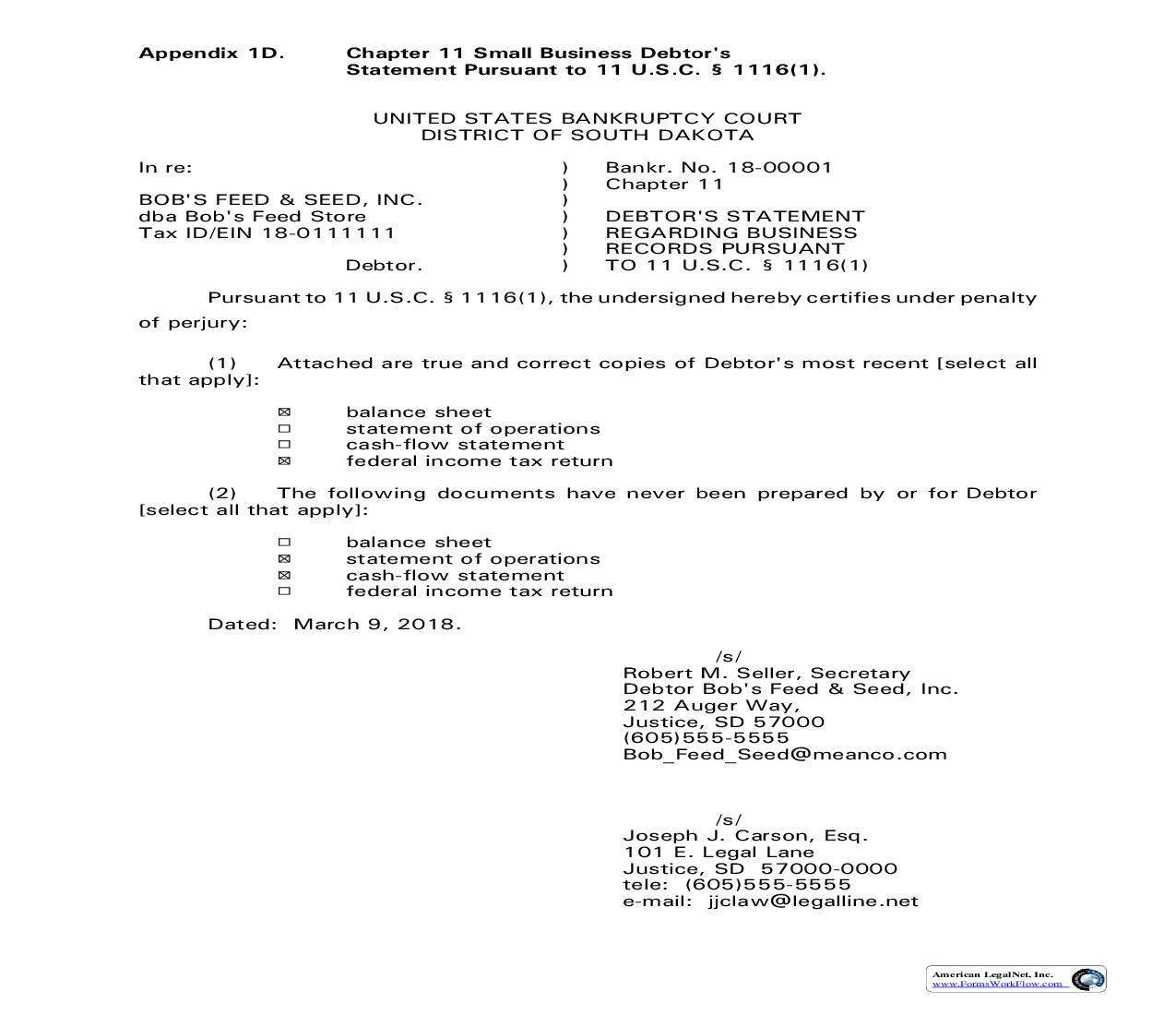Debtors Statement Regarding Business Records (Cover Sheet For Chapter 11 Small Business) | Pdf Fpdf Doc Docx | South Dakota