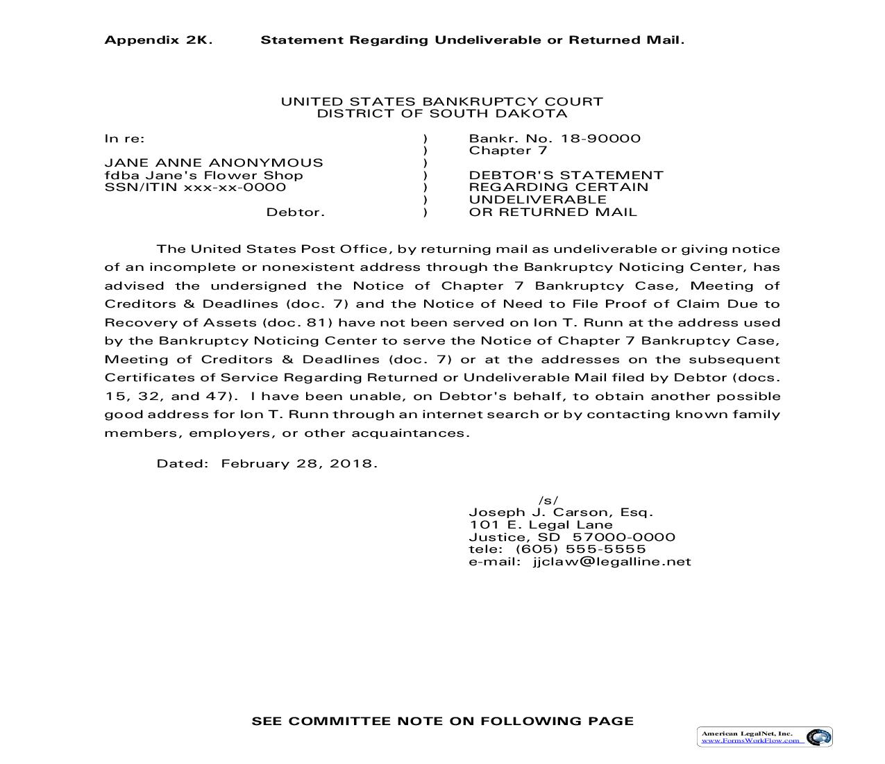 Debtors Statement Regarding Undeliverable Or Returned Mail | Pdf Fpdf Doc Docx | South Dakota