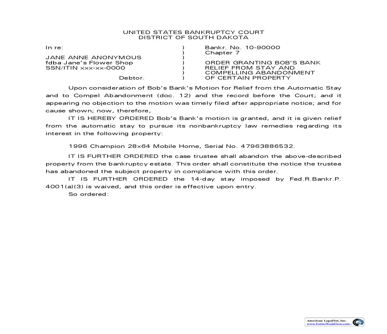 Relief From Stay And Abandonment Sample Order | Pdf Fpdf Doc Docx | South Dakota