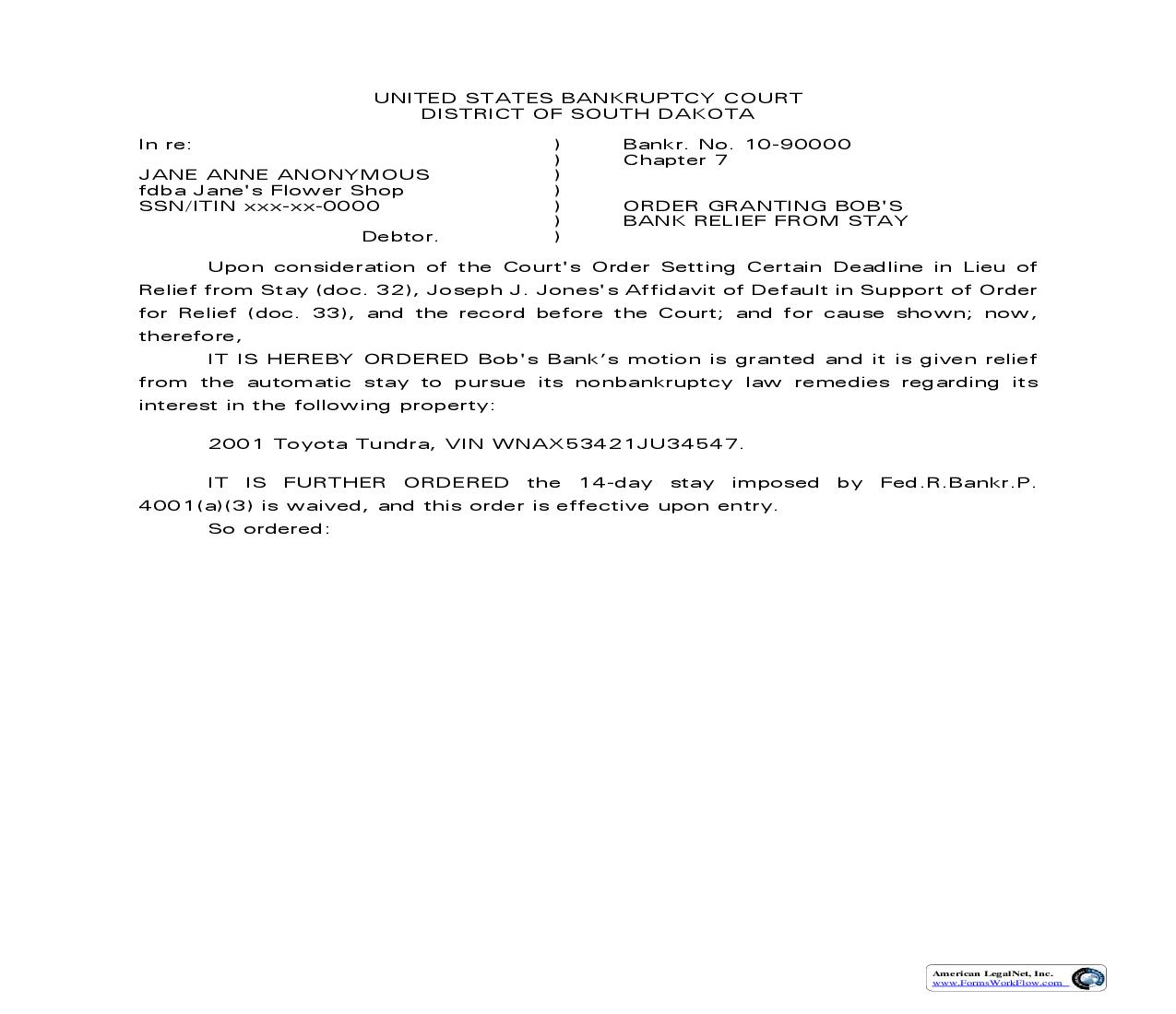 Relief From Stay Upon Affidavit Of Default Sample Order | Pdf Fpdf Doc Docx | South Dakota