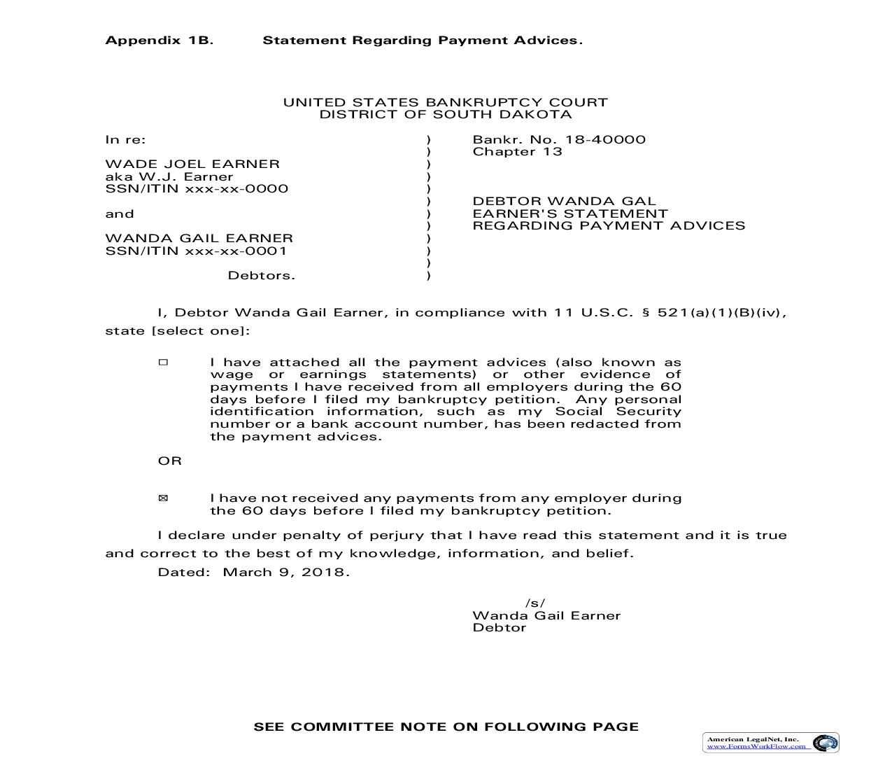 Statement Regarding Payment Advices Pursuant To 11 U.S.C. section 521(a)(1)(B)(iv) | Pdf Fpdf Doc Docx | South Dakota
