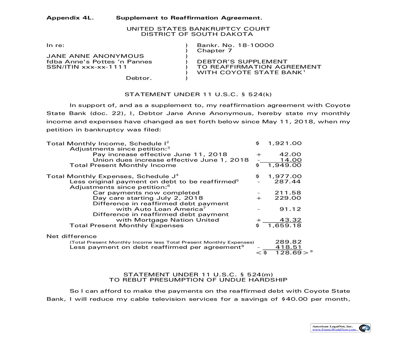 Supplement To Reaffirmation Agreement | Pdf Fpdf Doc Docx | South Dakota