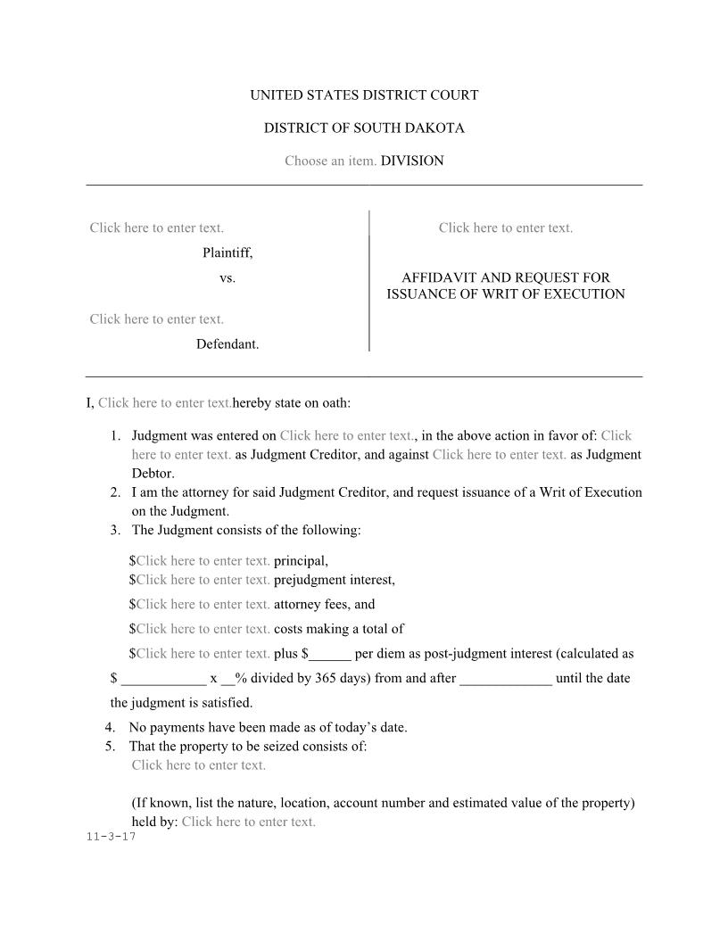 Affidavit And Request For Issuance Of Writ Of Execution | Pdf Fpdf Docx | South Dakota