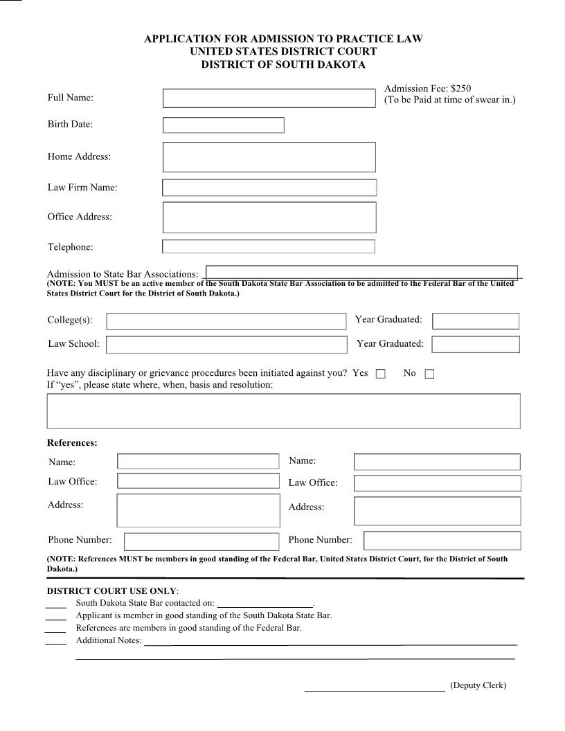 Application For Admission To Practice Law | Pdf Fpdf Doc Docx | South Dakota