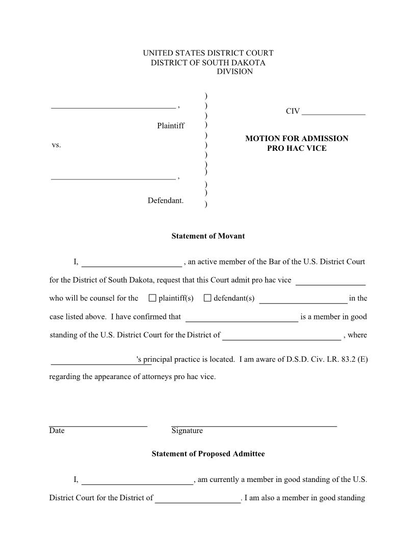 Motion For Admission Pro Hac Vice | Pdf Fpdf Docx | South Dakota