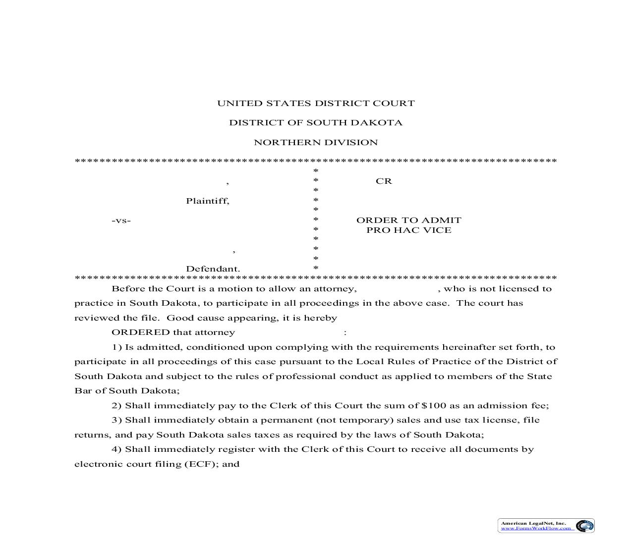 Order To Admit Pro Hac Vice-Criminal (Judge Kornmann) | Pdf Fpdf Doc Docx | South Dakota