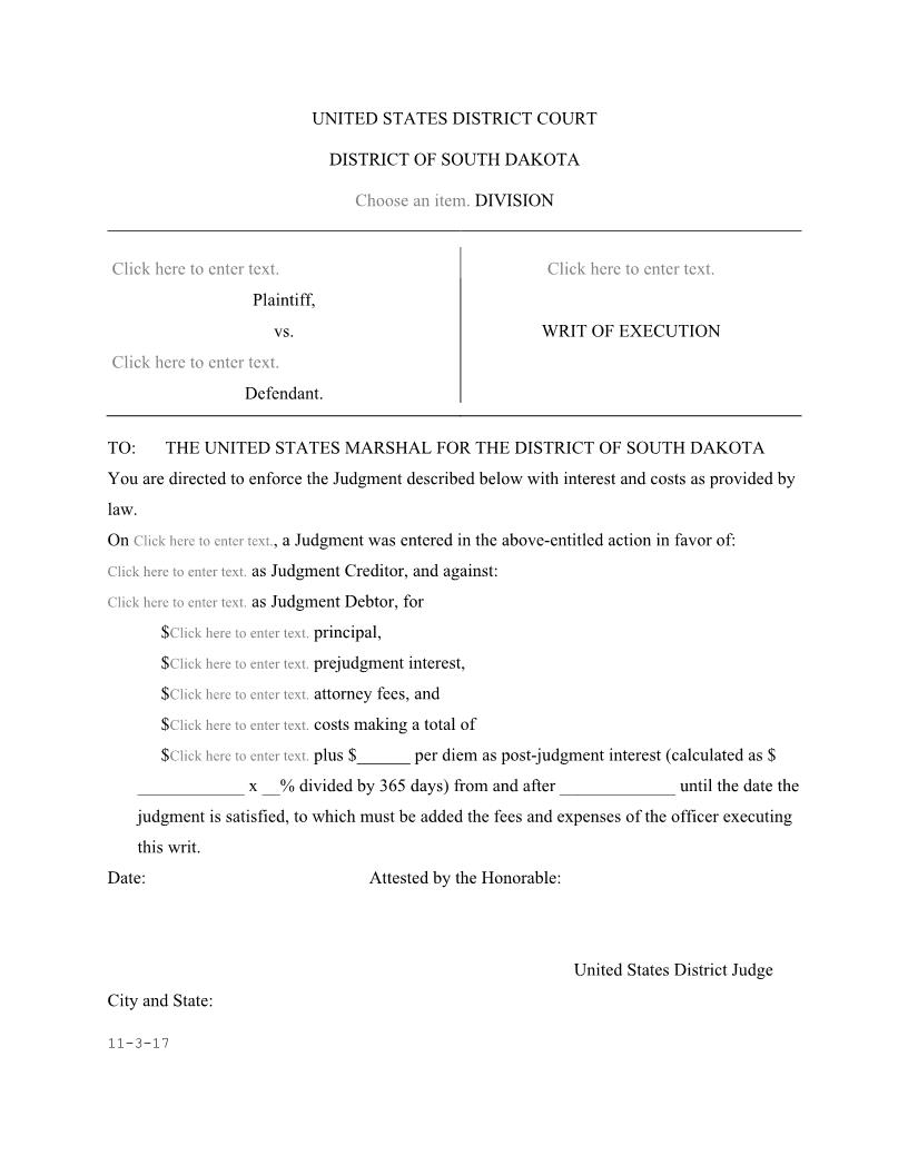 Writ Of Execution | Pdf Fpdf Docx | South Dakota